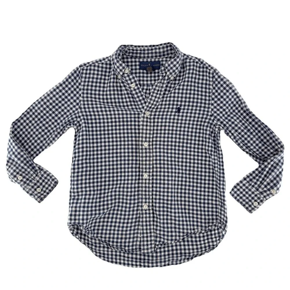 Ralph Lauren Boy's Blue Check Linen Cotton Collared Button-Up Shirt Size 6 Flaw?